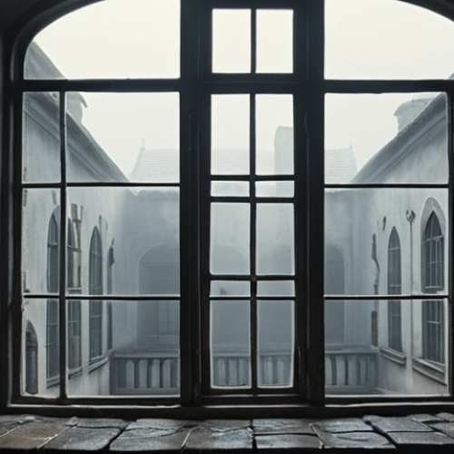 **A film set with a vintage window, misty and looking onto a grey courtyard, emphasizing a sense of loneliness. Soft, diffused lighting.**