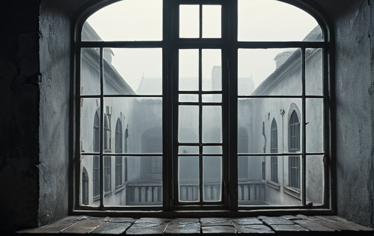 **A film set with a vintage window, misty and looking onto a grey courtyard, emphasizing a sense of loneliness. Soft, diffused lighting.**