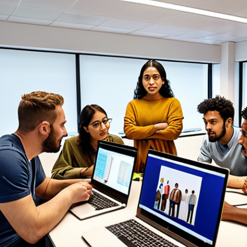 ** A diverse group of people from different cultures collaborating on a multimedia project in a vibrant, modern office. They are discussing content adaptation, with laptops displaying translated scripts and culturally relevant imagery. The scene emphasizes teamwork, cultural sensitivity, and global communication.

**