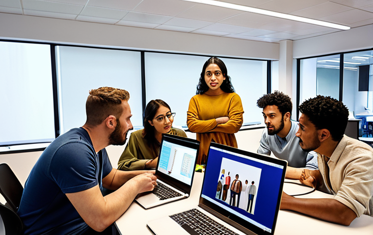 ** A diverse group of people from different cultures collaborating on a multimedia project in a vibrant, modern office. They are discussing content adaptation, with laptops displaying translated scripts and culturally relevant imagery. The scene emphasizes teamwork, cultural sensitivity, and global communication.

**