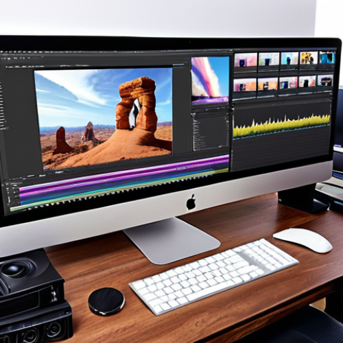 **Creative Command Center:** A well-lit, organized workspace featuring an iMac displaying Adobe Premiere Pro with a complex video editing timeline. Include external hard drives, a color grading panel, and a comfortable ergonomic chair. The overall feel should be professional and inspiring, showcasing the power of Adobe Creative Cloud for video production.
