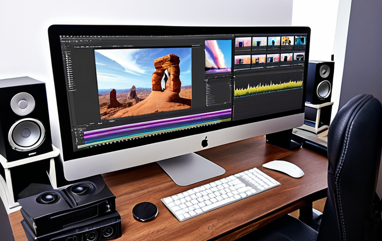 **Creative Command Center:** A well-lit, organized workspace featuring an iMac displaying Adobe Premiere Pro with a complex video editing timeline. Include external hard drives, a color grading panel, and a comfortable ergonomic chair. The overall feel should be professional and inspiring, showcasing the power of Adobe Creative Cloud for video production.
