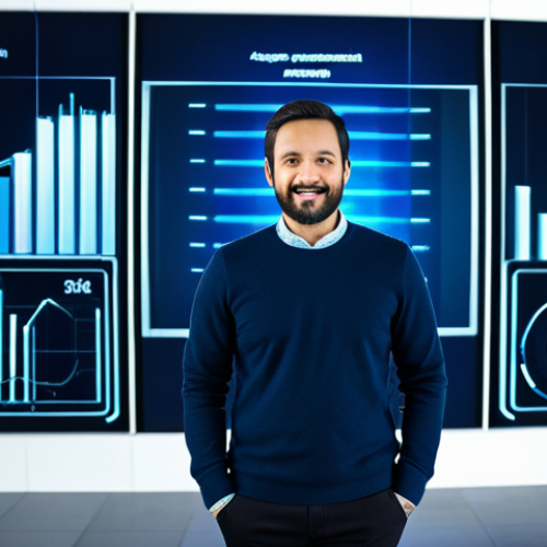 A professional media producer, a man in his 30s, dressed in a modest business casual outfit, stands confidently in a futuristic, high-tech media studio. He gestures towards a holographic display showing dynamic graphs and immersive content concepts like virtual reality environments and vertical video frames. The background features sleek digital screens with AI algorithms and abstract data streams, symbolizing constant technological evolution. The lighting is modern and energetic. This image conveys innovation and strategic adaptation in the digital media landscape. perfect anatomy, correct proportions, natural pose, well-formed hands, proper finger count, natural body proportions, professional photography, high quality, fully clothed, modest clothing, appropriate attire, professional dress, safe for work, appropriate content, family-friendly.