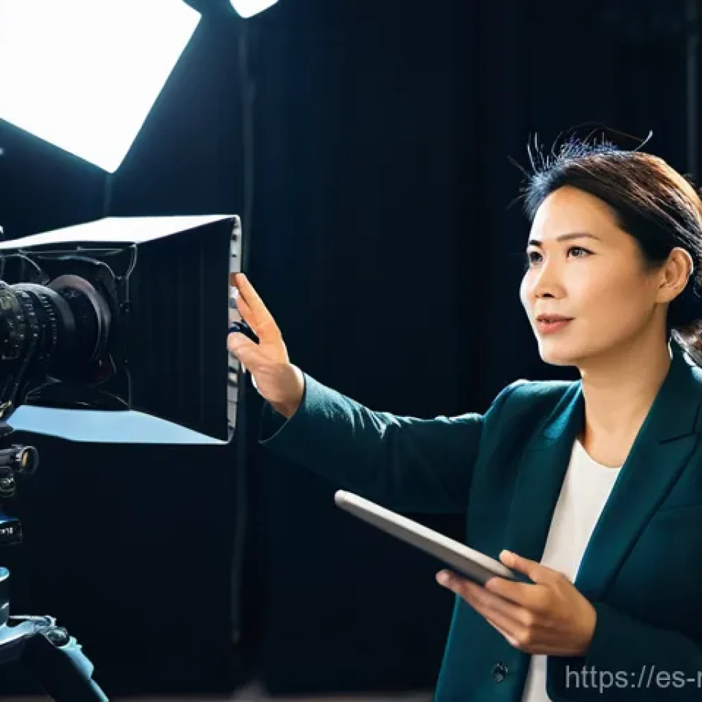 미디어 프로듀서 직무의 매력과 도전 - **Prompt:** A dynamic, wide-angle shot of a confident and energetic media producer, a woman in her l...