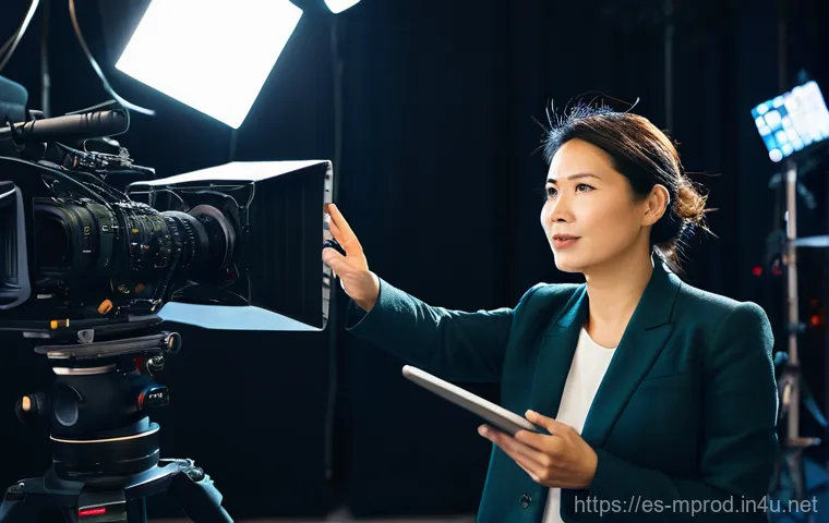 미디어 프로듀서 직무의 매력과 도전 - **Prompt:** A dynamic, wide-angle shot of a confident and energetic media producer, a woman in her l...