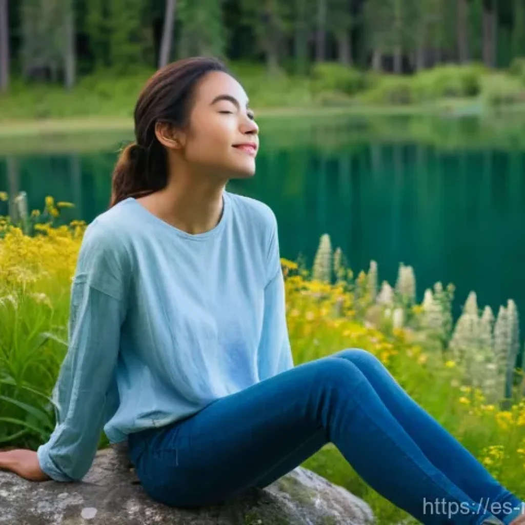 미디어 프로듀서의 업무적 스트레스 관리 - **Prompt:** A young woman, appearing to be in her late 20s, with a serene expression, sits comfortab...