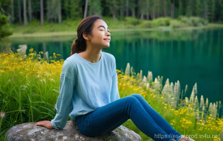 미디어 프로듀서의 업무적 스트레스 관리 - **Prompt:** A young woman, appearing to be in her late 20s, with a serene expression, sits comfortab...