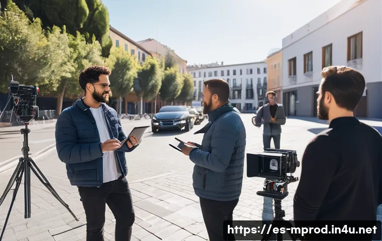 미디어 프로듀서가 알아야 할 촬영 기술 - A professional film set scene in a sunny outdoor Spanish urban environment, featuring a diverse film...