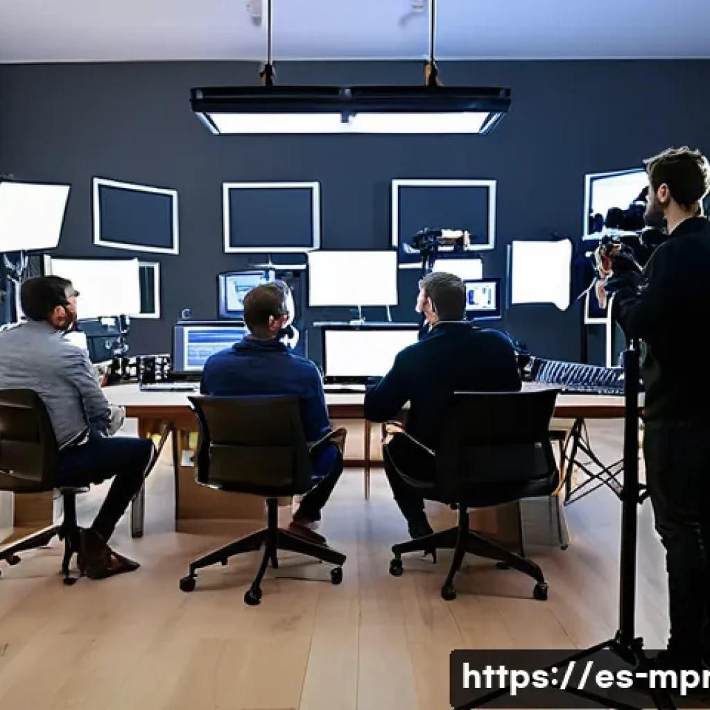 미디어 프로듀서로 일하며 성장한 경험 - A professional audiovisual production team in a modern studio environment, coordinating a film shoot...