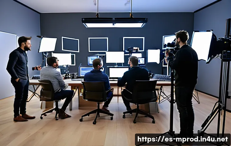 미디어 프로듀서로 일하며 성장한 경험 - A professional audiovisual production team in a modern studio environment, coordinating a film shoot...