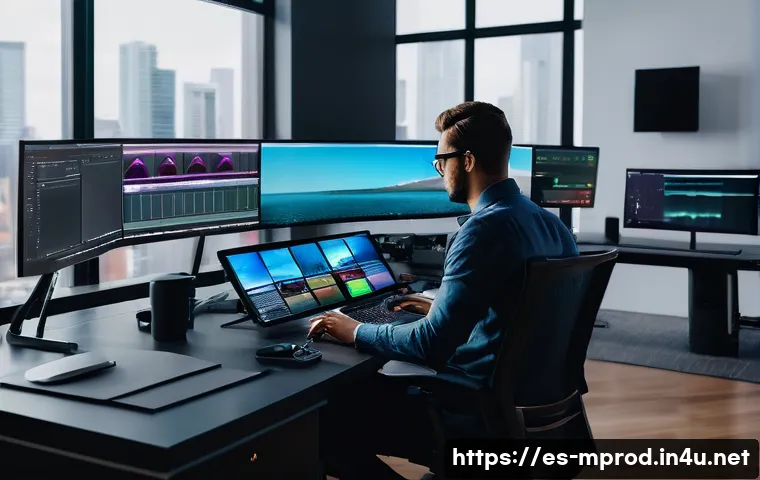 미디어 프로듀서가 선호하는 자격증 - A modern media production studio with a diverse team of professionals collaborating around multiple ...
