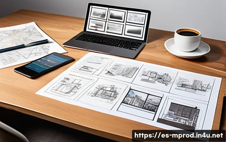 미디어 프로듀서 스토리보드 작성법 - A professional storyboard artist&rsquo;s workspace in a modern studio, featuring a large wooden desk scatt...