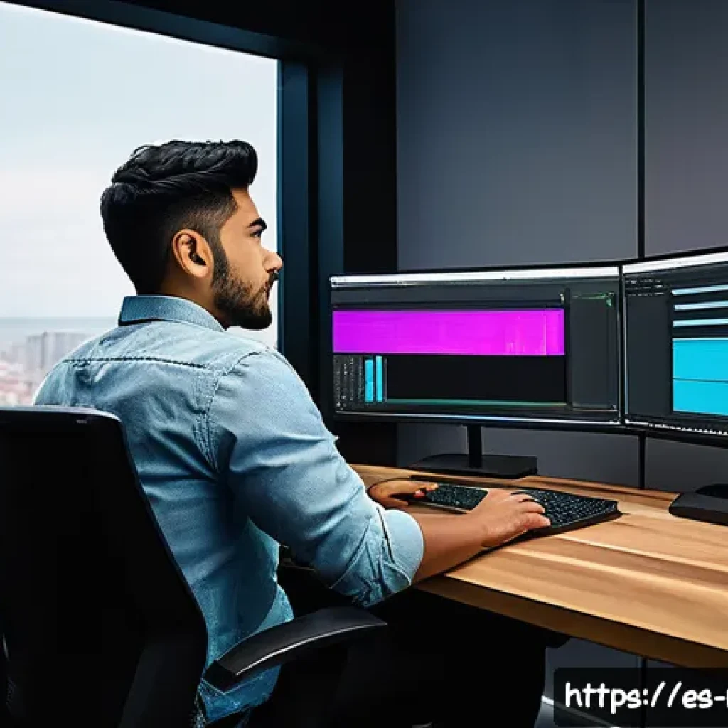 미디어 프로듀서 실무 강의 추천 - A modern media producer workspace featuring a young Hispanic man wearing casual business attire, sit...