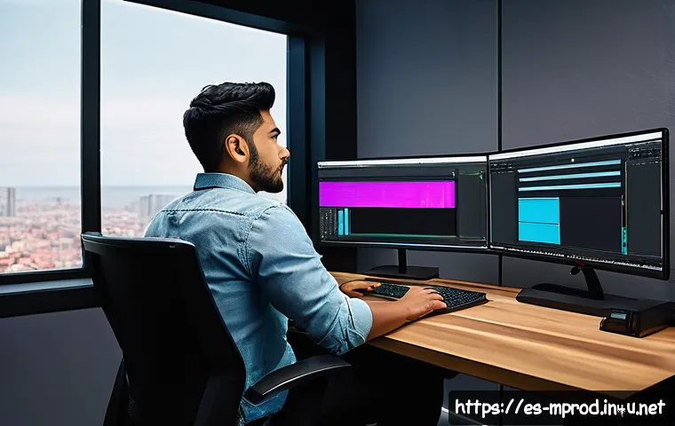 미디어 프로듀서 실무 강의 추천 - A modern media producer workspace featuring a young Hispanic man wearing casual business attire, sit...