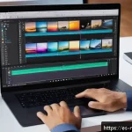 미디어 프로듀서 취업 준비 체크리스트 - A professional media producer working intensely on a dual-monitor setup, editing a video project usi...