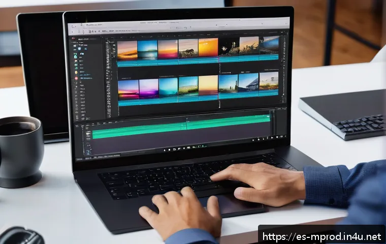 미디어 프로듀서 취업 준비 체크리스트 - A professional media producer working intensely on a dual-monitor setup, editing a video project usi...