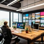 미디어 프로듀서의 주요 역할 - A vibrant creative workspace featuring a diverse team of young professionals collaborating enthusias...
