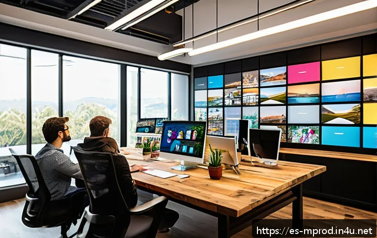 미디어 프로듀서의 주요 역할 - A vibrant creative workspace featuring a diverse team of young professionals collaborating enthusias...