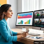 미디어 프로듀서의 시장 동향 파악 방법 - A modern digital marketing workspace in a bright home office setting, showing a professional Hispani...