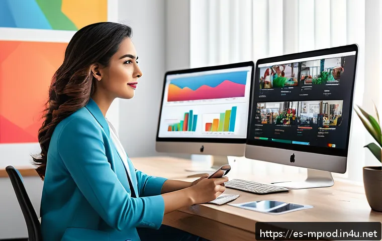 미디어 프로듀서의 시장 동향 파악 방법 - A modern digital marketing workspace in a bright home office setting, showing a professional Hispani...