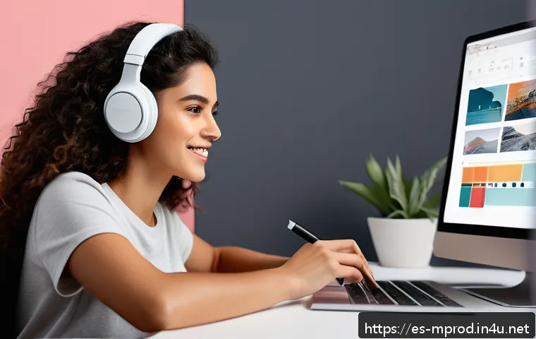 미디어 프로듀서 경력 개발 로드맵 - A modern digital content creator workspace featuring a young Hispanic woman in casual, stylish cloth...
