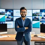 미디어 프로듀서의 주요 이직 이유 - A creative media producer in a modern, sunlit office, surrounded by multiple digital screens display...