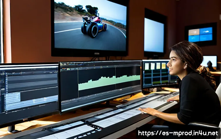미디어 프로듀서가 직면하는 실무 과제 - Photorealistic media producer in a modern Spanish-language production studio, seated at a desk revie...
